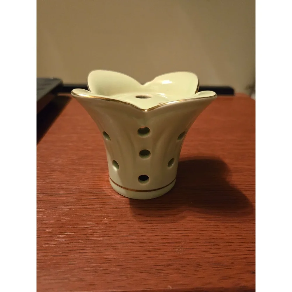 Vintage Celadon Green Ceramic Flower Frog Gold Trim Scalloped Floral Arranger